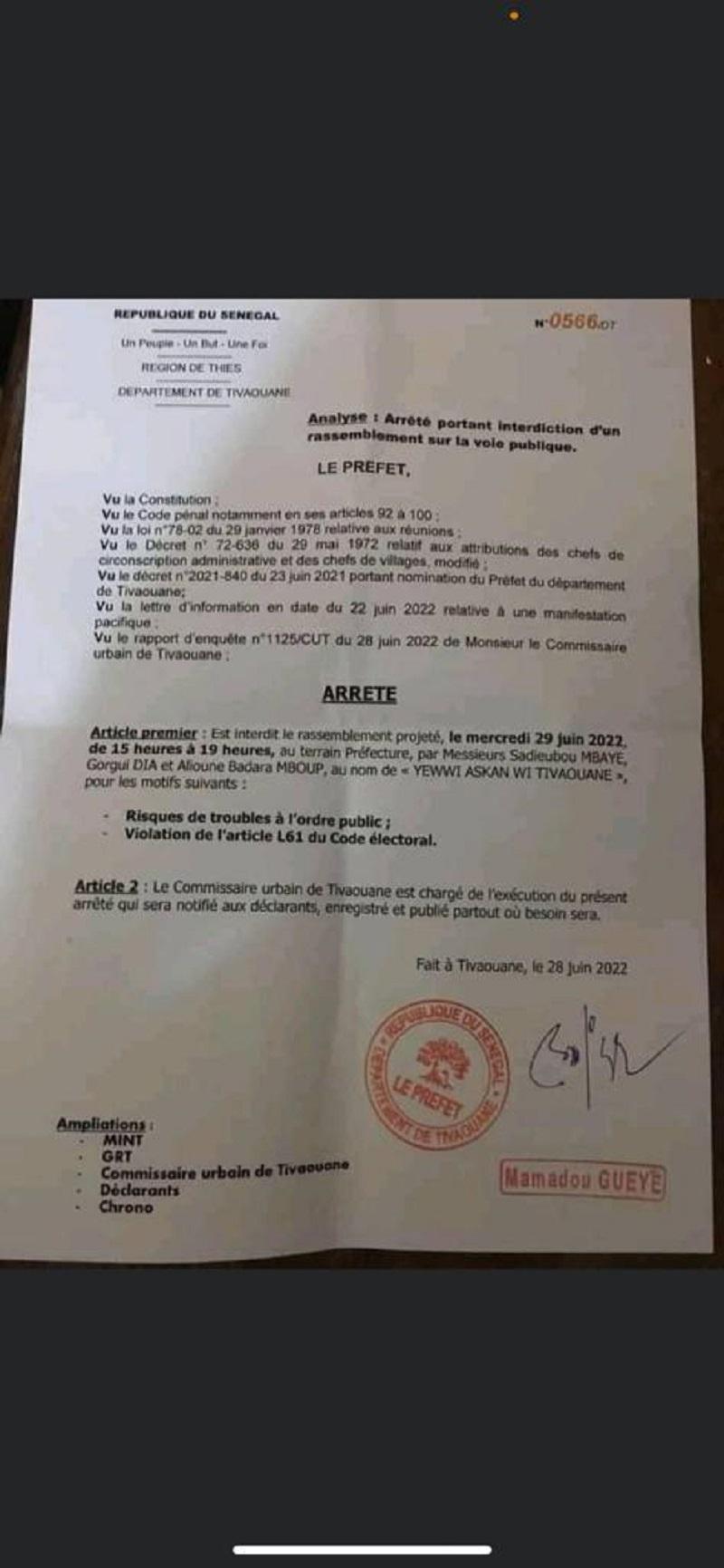 Tivaouane : le Préfet interdit le rassemblement de Yewwi Askan Wi, prévu ce mercredi
