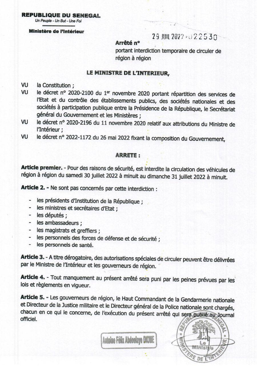 Législatives du 31 juillet: Interdiction de circuler de région à région de samedi minuit à dimanche minuit