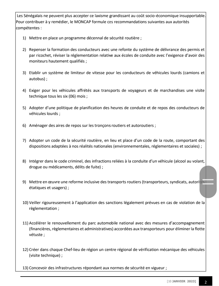 Recrudescence des accidents : le MONCAP formule une série de recommandations