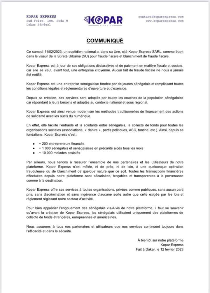 Enquête présumée sur une fraude fiscale et blanchiment: KOPAR Express sort de sa réserve