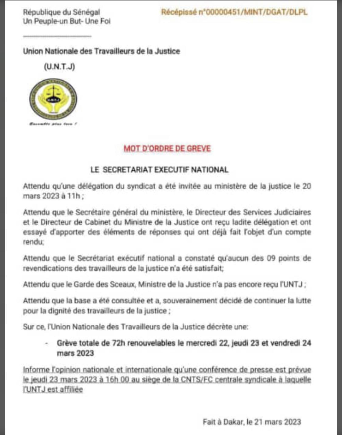 L’Union des travailleurs de la justice décrète une grève totale de 72 heures renouvelables
