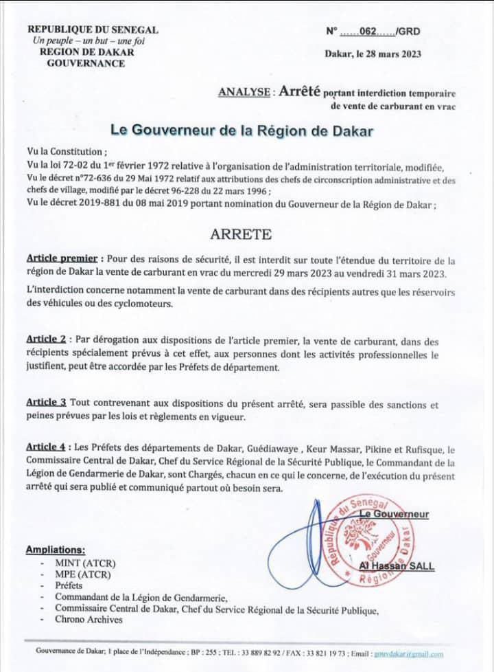 Risque de tensions à Dakar dans les prochaines 48 heures: le Gouverneur interdit encore la vente de carburant en vrac