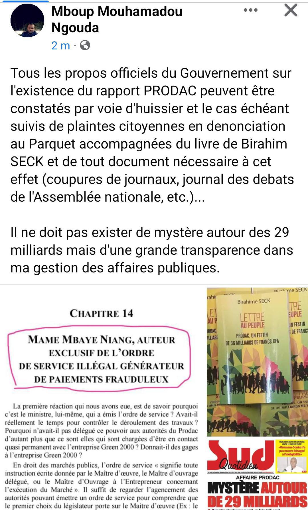 Affaire Prodac : Ngouda Mboup suggère aux citoyens "de plaintes en dénonciation au parquet"