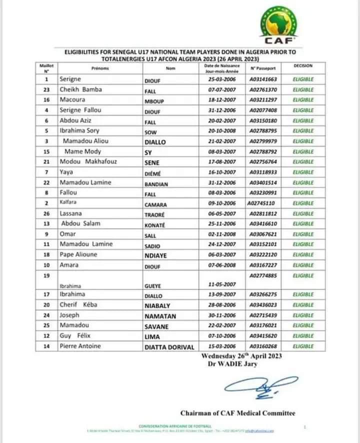 CAN U17 : les Sénégalais éligibles après les tests IRM