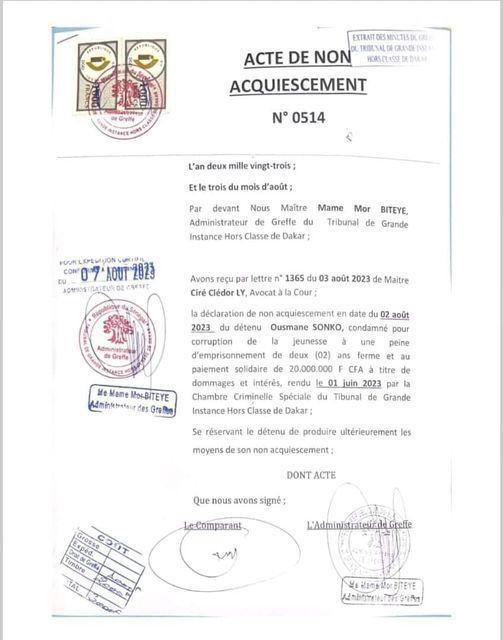 L’Administrateur de greffe du TGI de Dakar a enregistré l’acte de non acquiescement de Ousmane Sonko