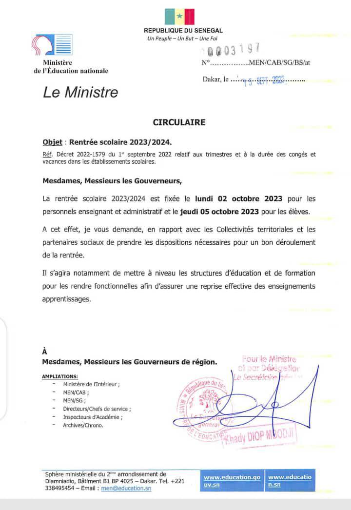 Sénégal : les dates de la rentrée scolaire pour les enseignants et élèves fixées