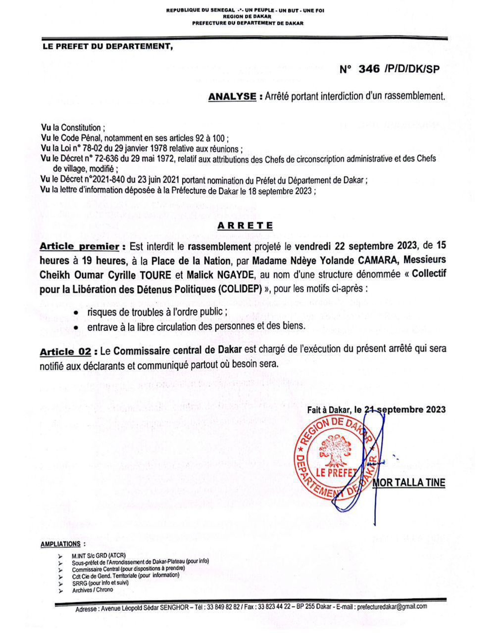 Nouvelle interdiction du rassemblement du Colidep prévu ce vendredi