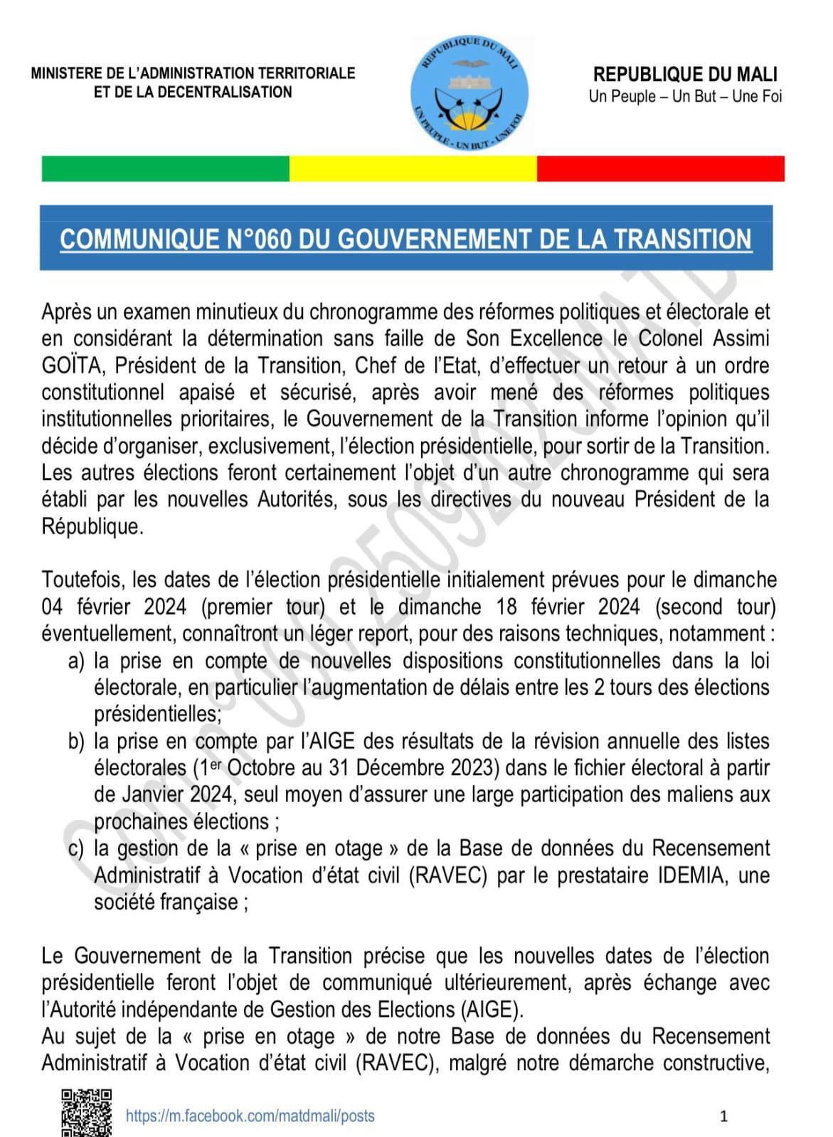 Mali: le gouvernement de transition annonce le report des élections prévues pour février 2024