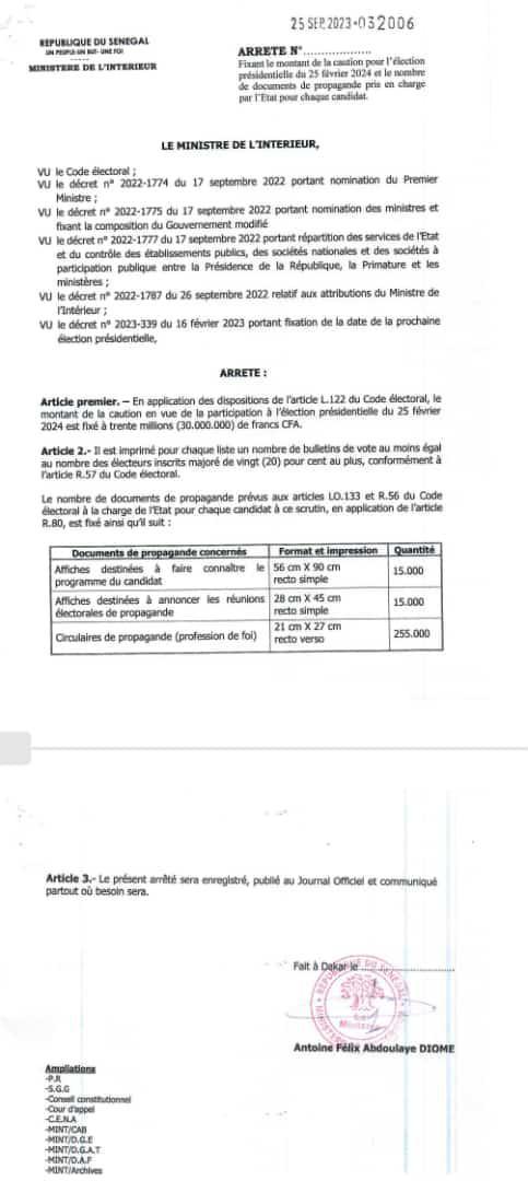 Présidentielle 2024: le ministre de l'Intérieur publie l'arrêté fixant le montant de la caution