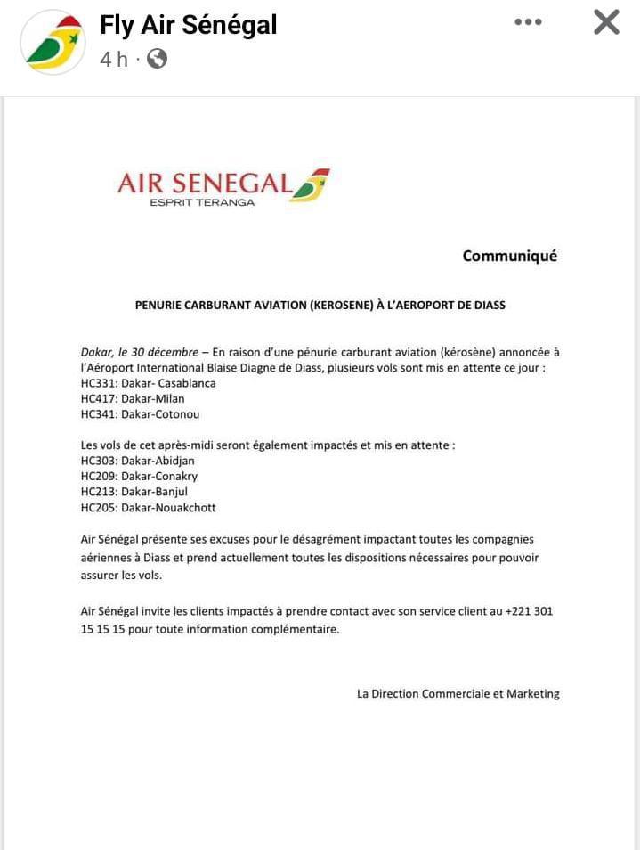 Pénurie de kérosène à l’AIBD : plusieurs vols de la compagnie Air Sénégal sont mis en attente
