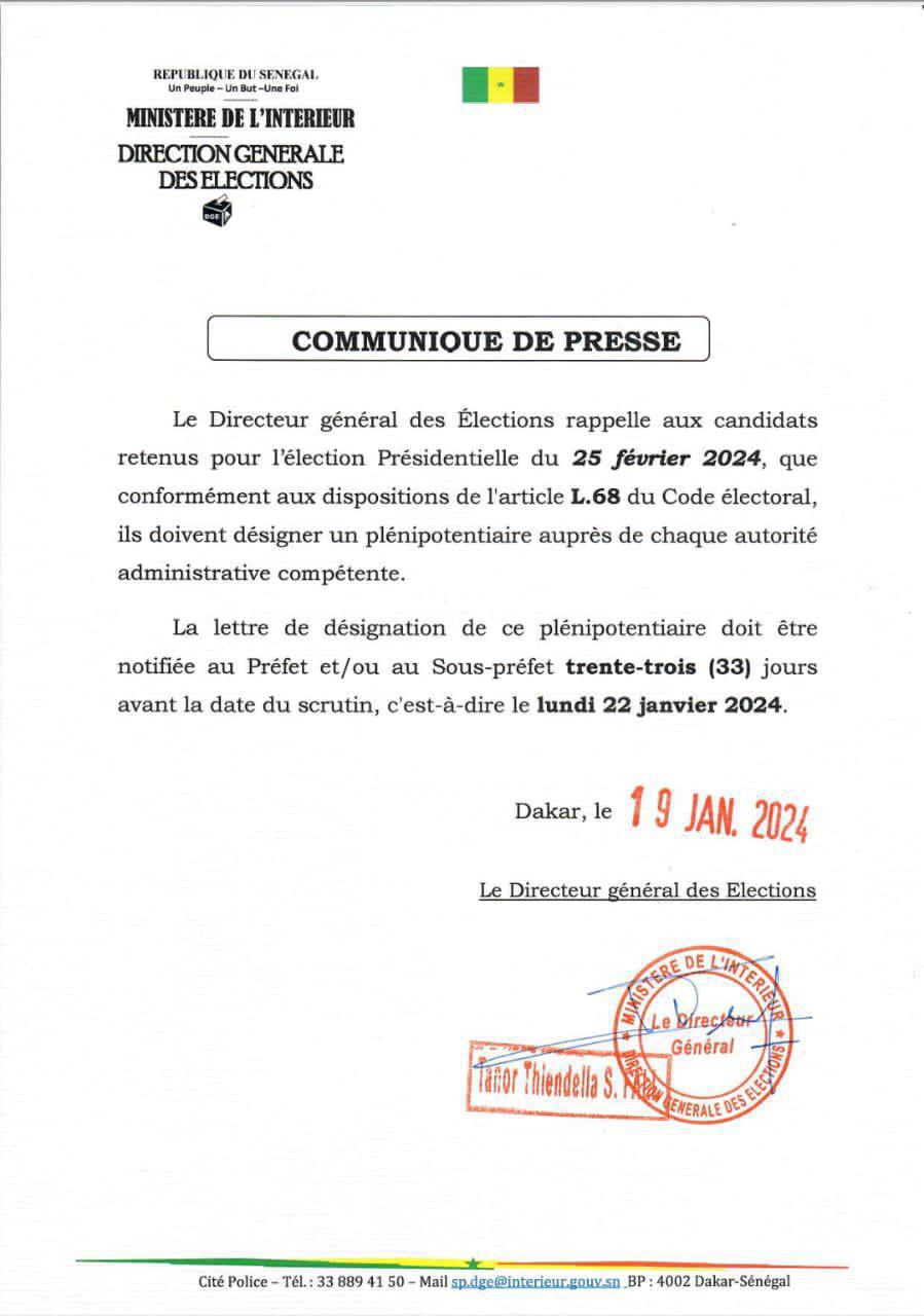 Présidentielle 2024: Les candidats invités à désigner leurs plénipotentiaires