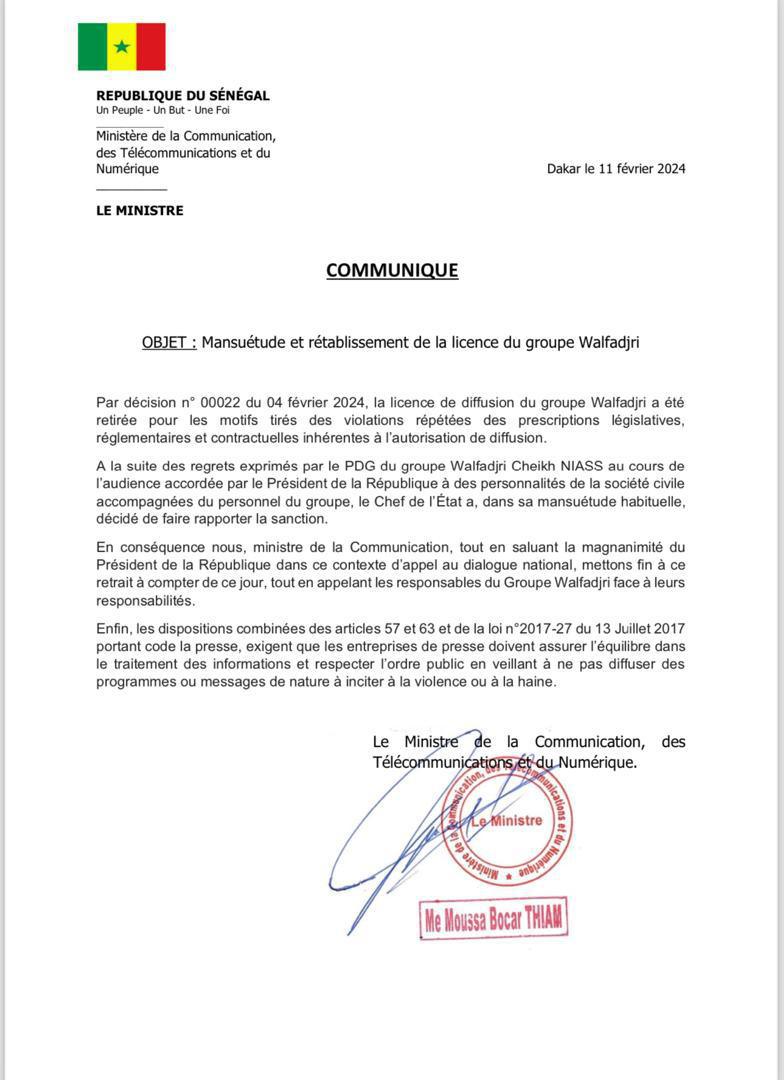 Retablissement de Wal Fadjri : les explications du ministre de la Communication (Document)