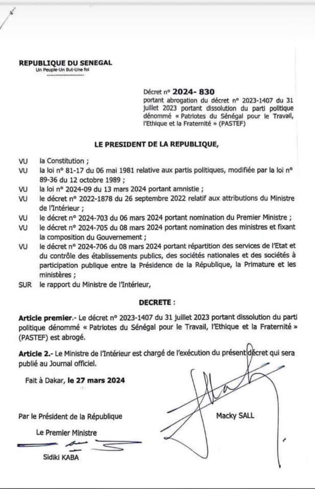 Le fameux décret de Macky portant abrogation du décret de dissolution du parti Pastef enfin publié !