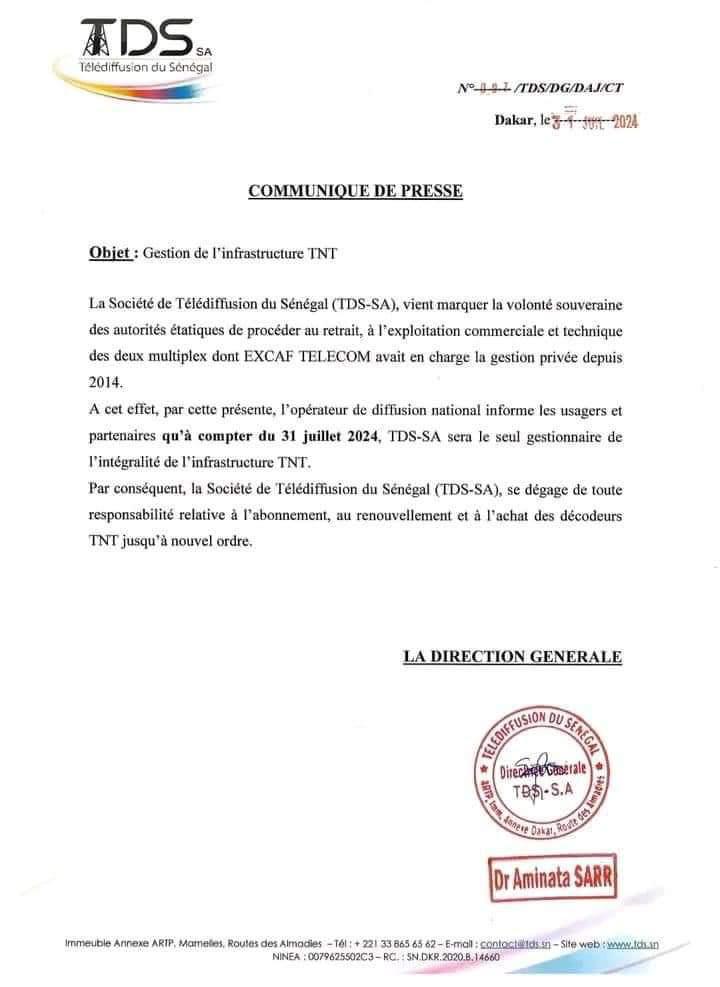 Gestion de la TNT au Sénégal : la TDS-SA devient l’unique opérateur