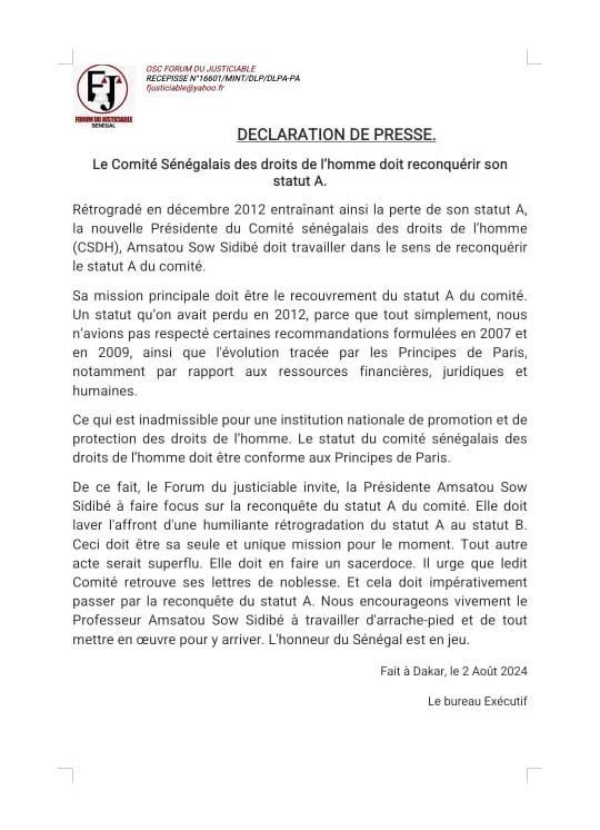 Comité Sénégalais des droits de l'homme : le Forum du justiciable invite le Pr Amsatou Sow Sidibé à la reconquête du "Statut A"