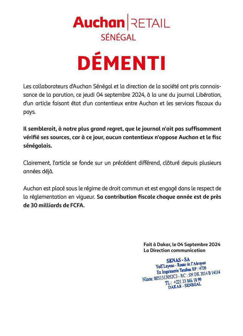 Auchan Sénégal dément tout contentieux avec le fisc sénégalais