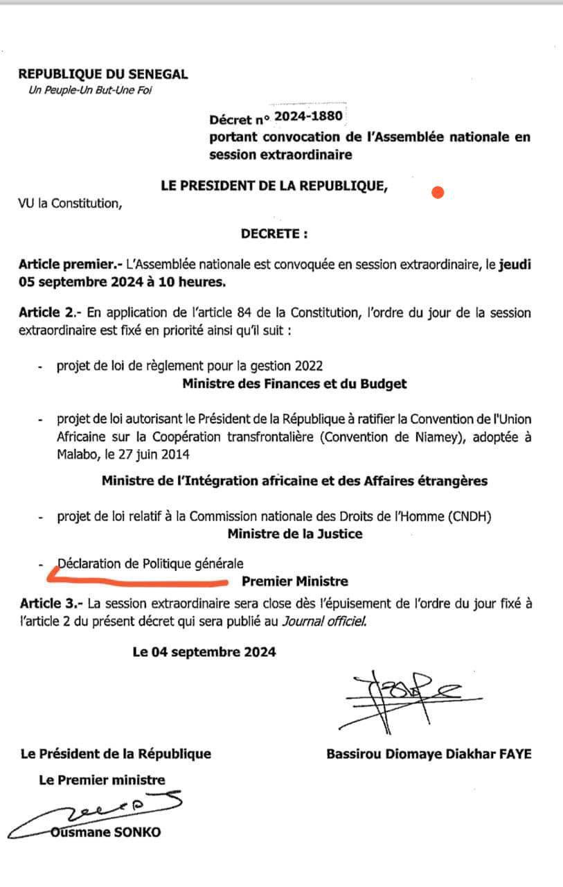 Session extraordinaire convoquée ce jeudi : Diomaye envoie Sonko devant les députés de l'Assemblée nationale