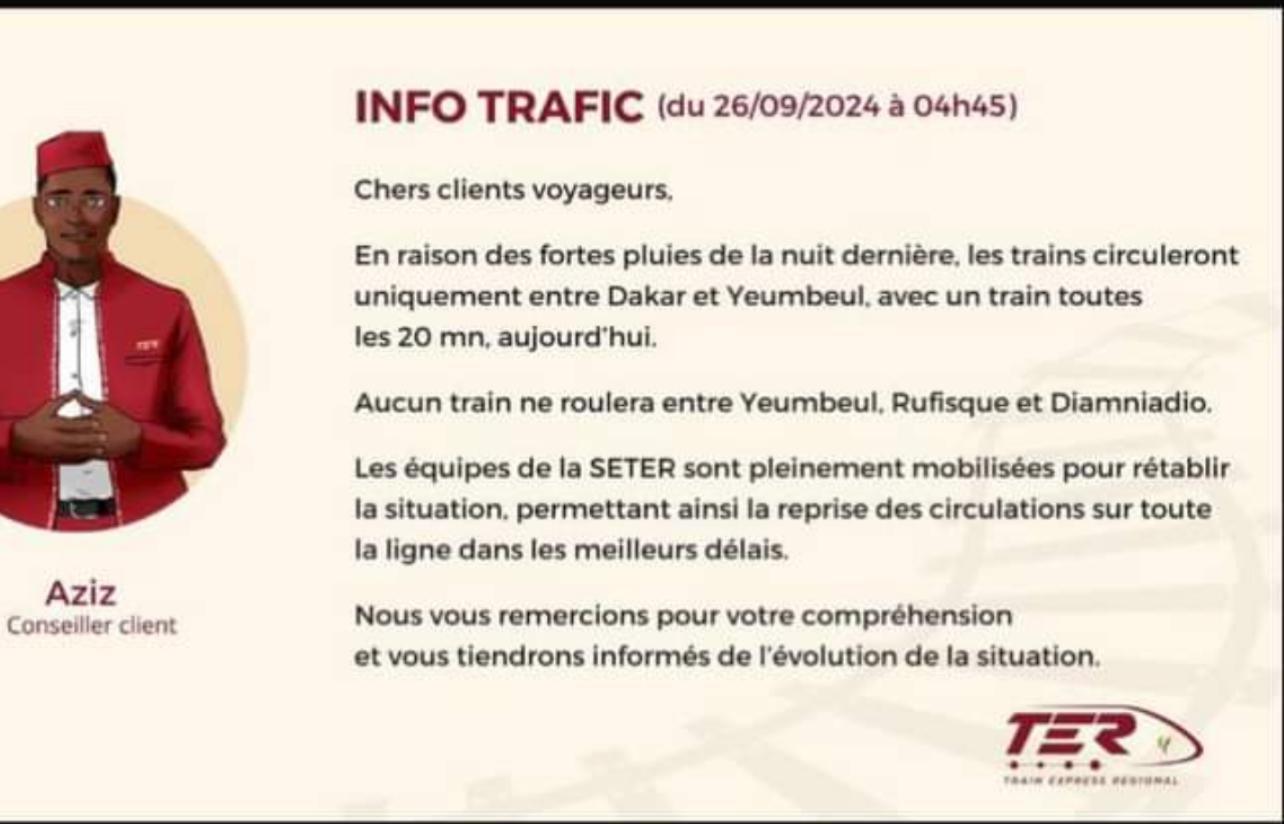 Transport : la circulation du TER sens Dakar-Diamniadio perturbée par les intempéries