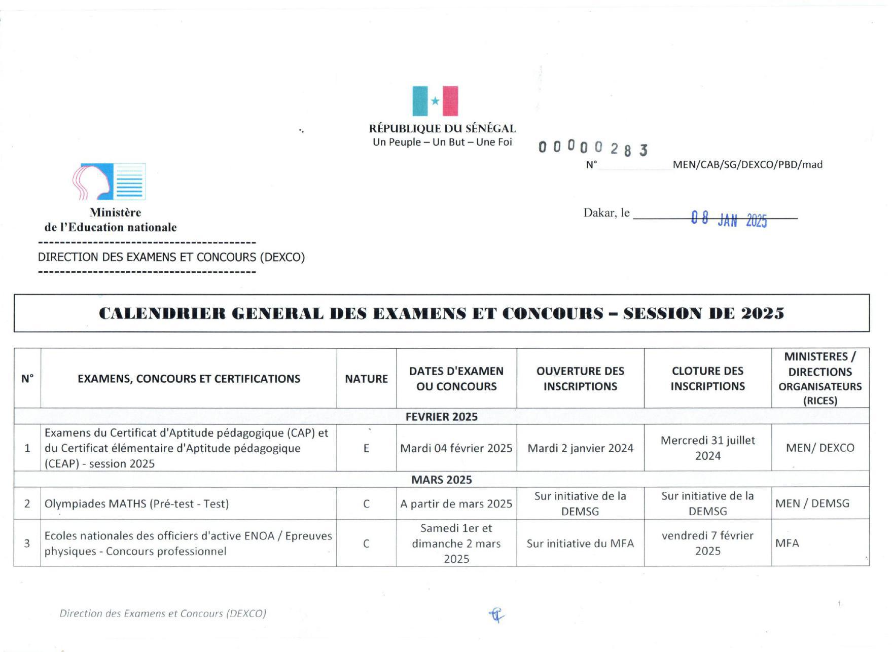 Sénégal : voici le calendrier des Examens et concours 2025