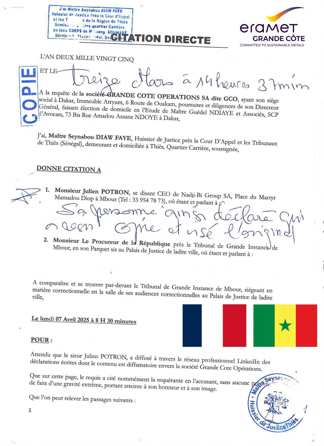 Affaire zone des Niayes : GCO porte plainte contre le lanceur d'alerte Julien Potron pour diffamation (Documents)