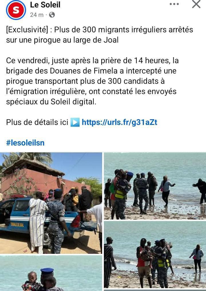 Migration irrégulière : plus de 300 migrants irréguliers arrêtés sur une pirogue au large de Joal
