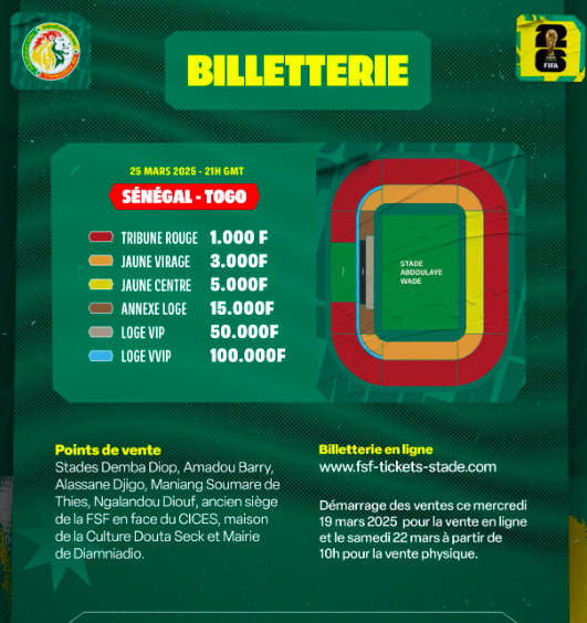Éliminatoires Mondial 2026 : Sénégal vs Togo, la billetterie ouverte ce mercredi, les prix dévoilés