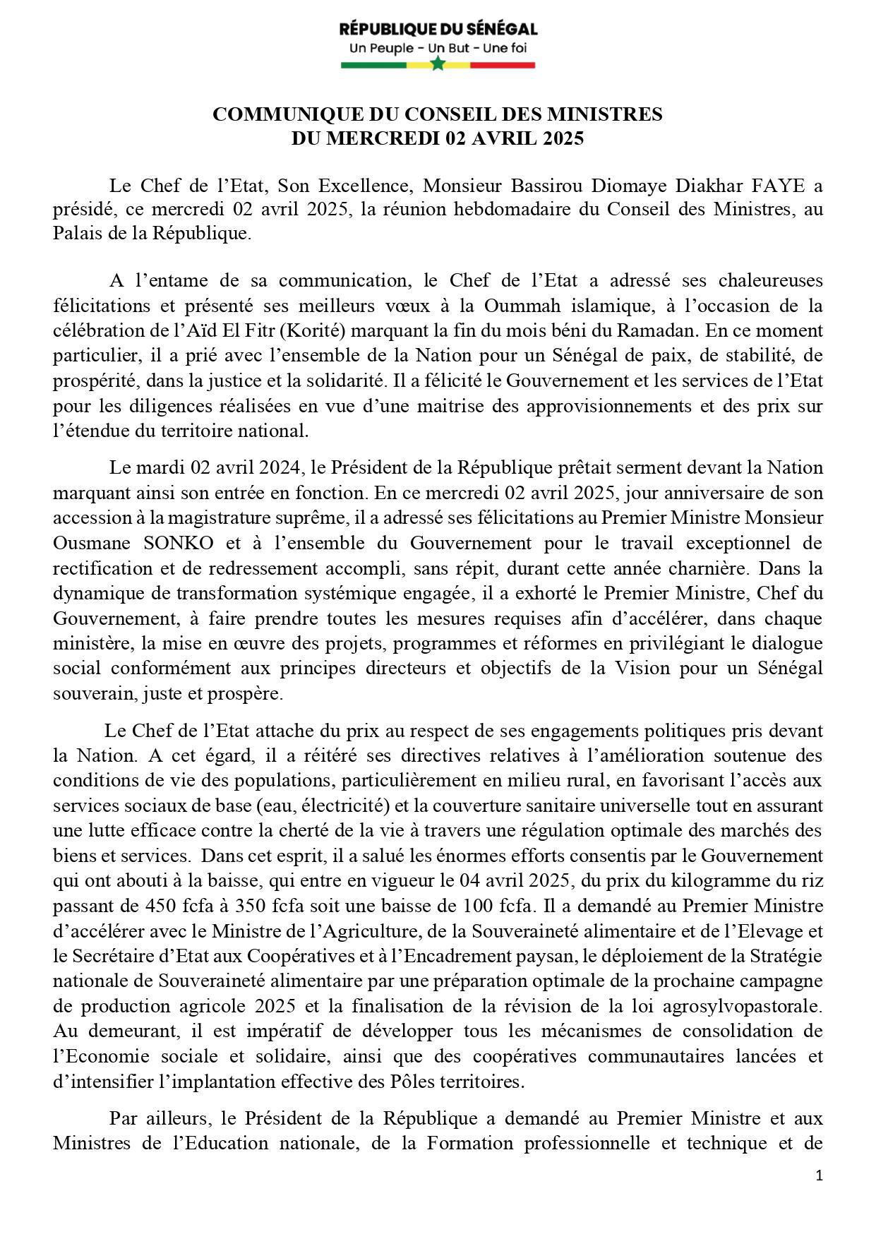 Sénégal : communiqué du Conseil des ministres du mercredi 2 avril 2025