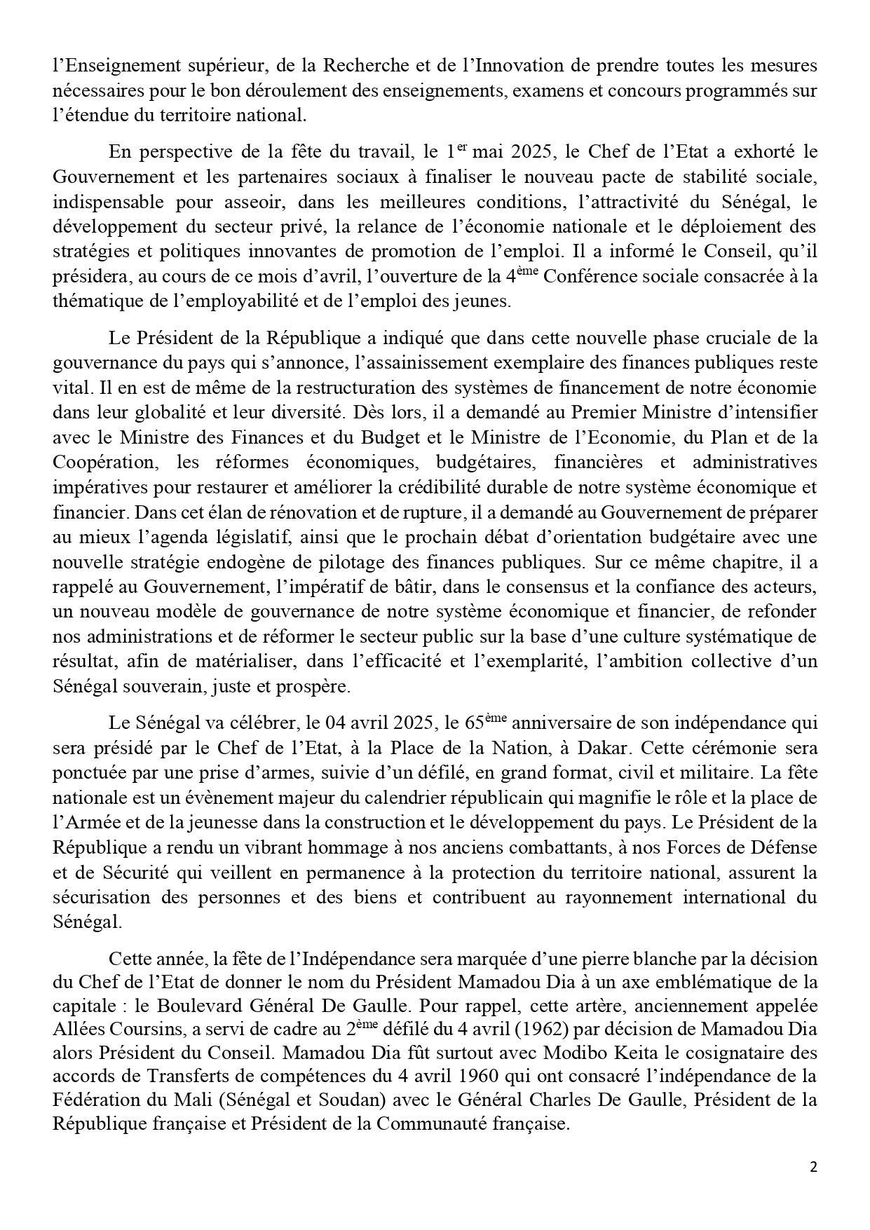 Sénégal : communiqué du Conseil des ministres du mercredi 2 avril 2025