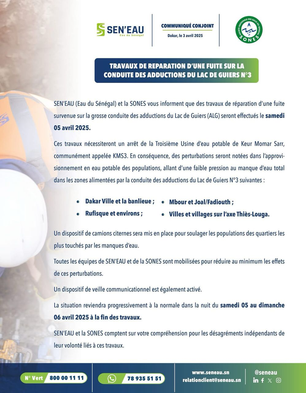SEN’EAU et SONES annoncent des perturbations dans la distribution d'eau à Dakar et dans plusieurs villes