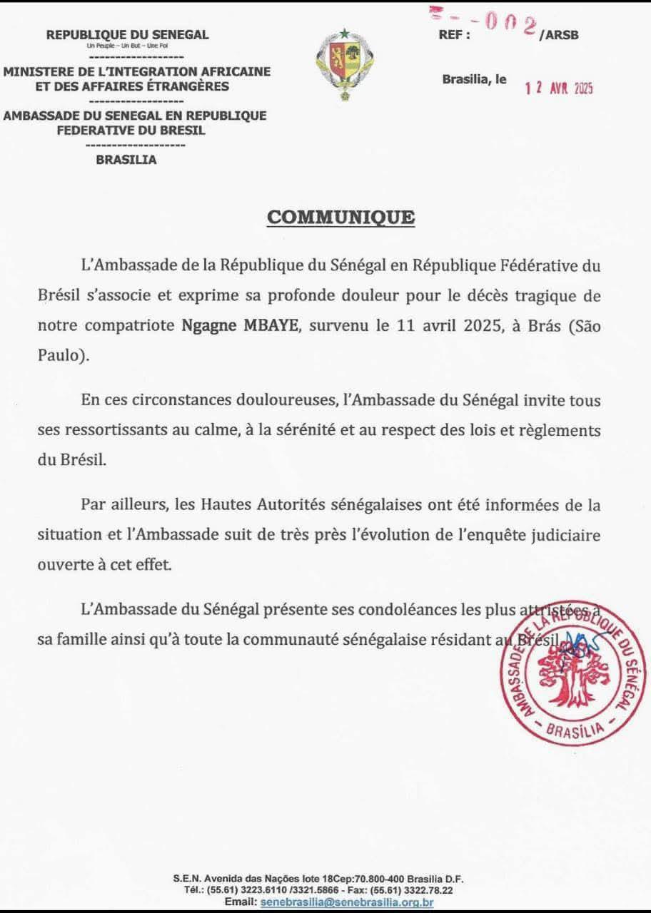 Décès de Ngagne Mbaye : l’Ambassade du Sénégal en République fédérative du Brésil réagit