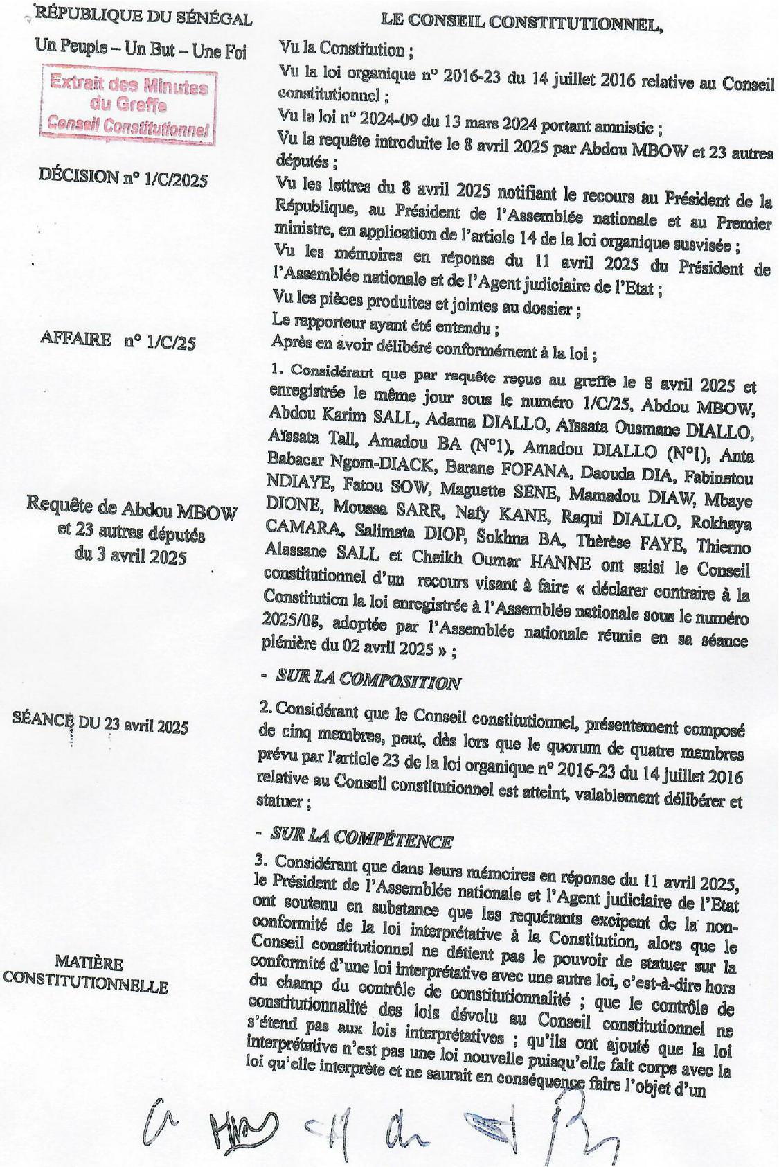 Sénégal : le Conseil constitutionnel invalide la loi d’interprétation portée par Amadou Ba (Décision du Conseil constitutionnel)