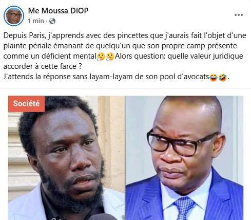 Plainte contre Me Moussa Diop : l'avocat réagit avec ironie depuis Paris