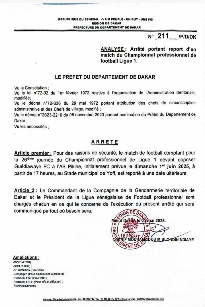 Ligue 1 : le match GFC Vs Pikine prévu ce dimanche reporté à une date ultérieure (Document)