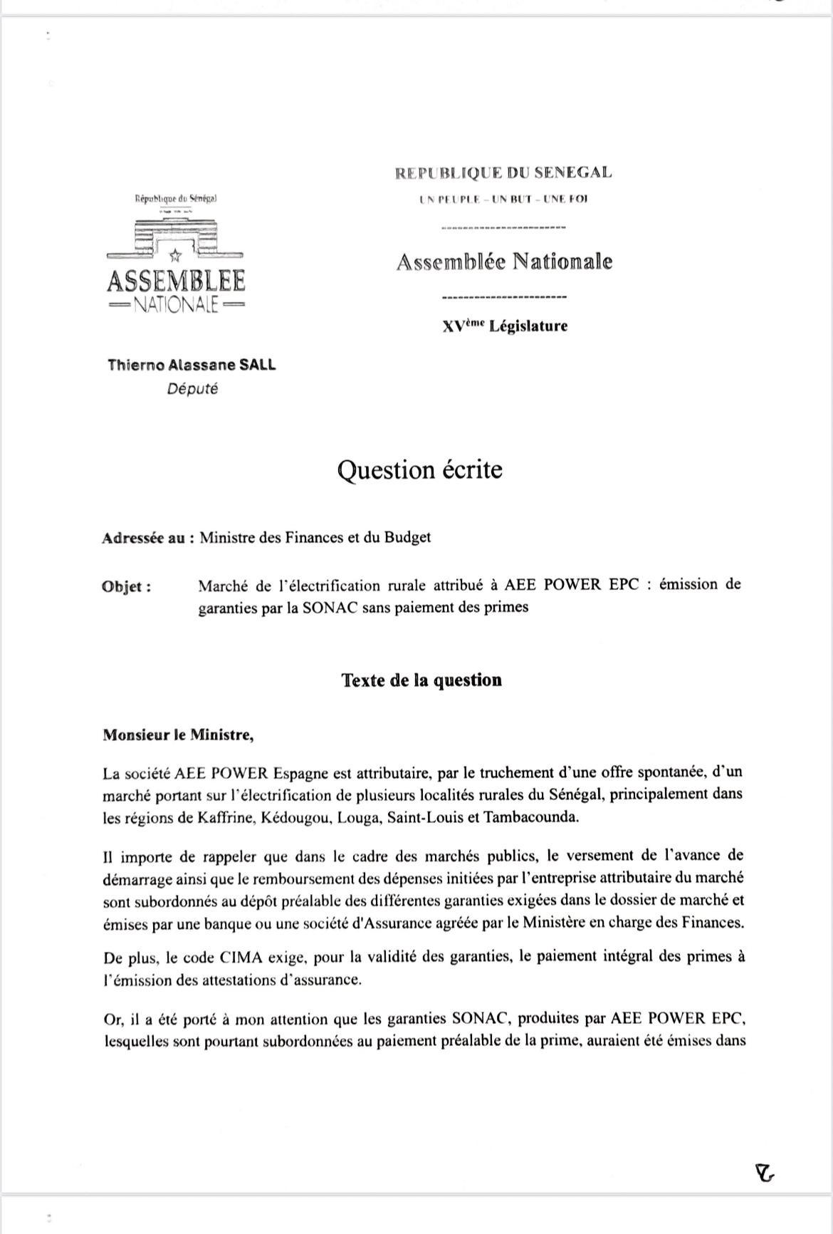 Affaire ASER-AEE Power EPC : Thierno Alassane Sall adresse une question écrite au ministre des Finances