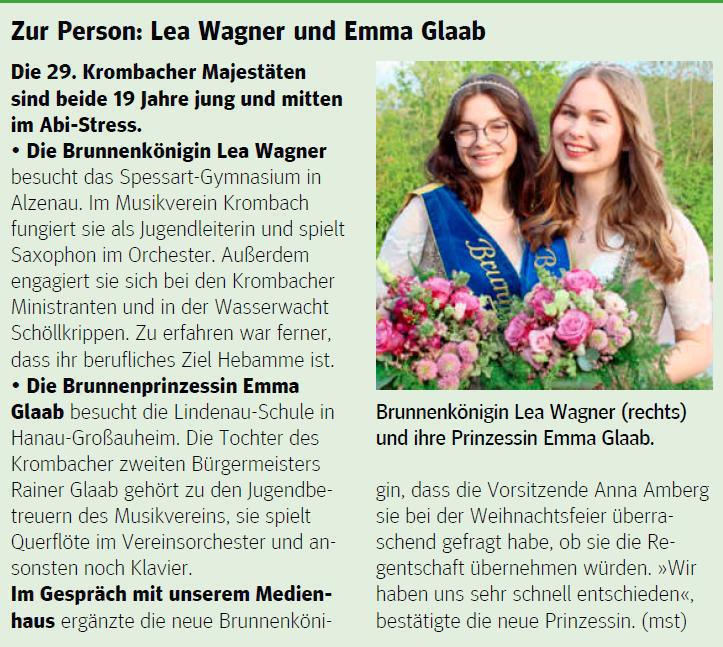 Main Echo: »Lea Wagner ist Krombachs 29. Brunnen­königin« Main Echo: »Lea Wagner ist Krombachs 29. Brunnen­königin«