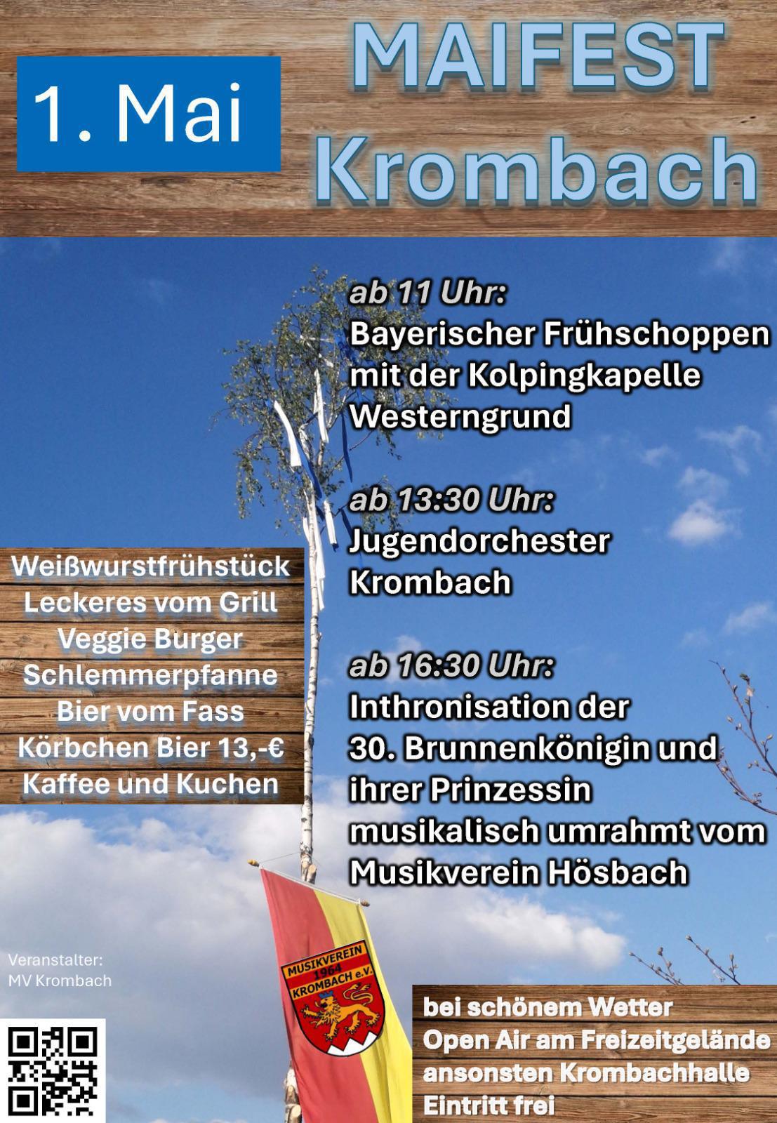 Maifest mit Inthro­nisa­tion der 30. Krom­bacher Brunnen­königin mit Prin­zes­sin Maifest mit Inthro­nisa­tion der 30. Krom­bacher Brunnen­königin mit Prin­zes­sin