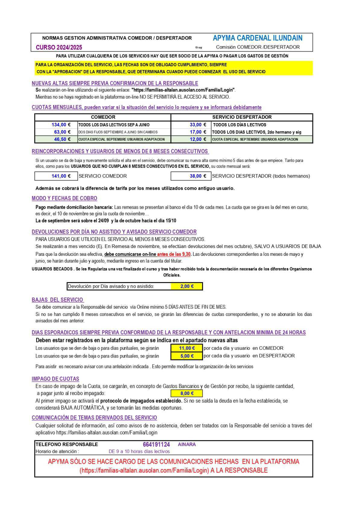 Información y normativa Comedor/Servicio despertador curso 2024/25