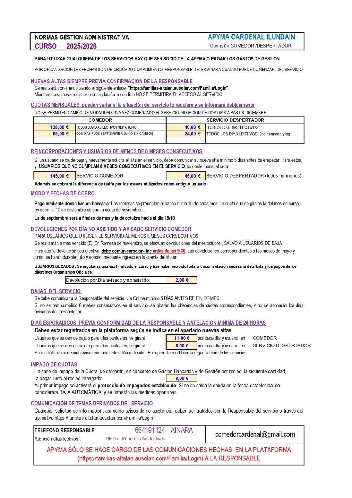 Información y normativa Comedor/Servicio despertador curso 2025-2026