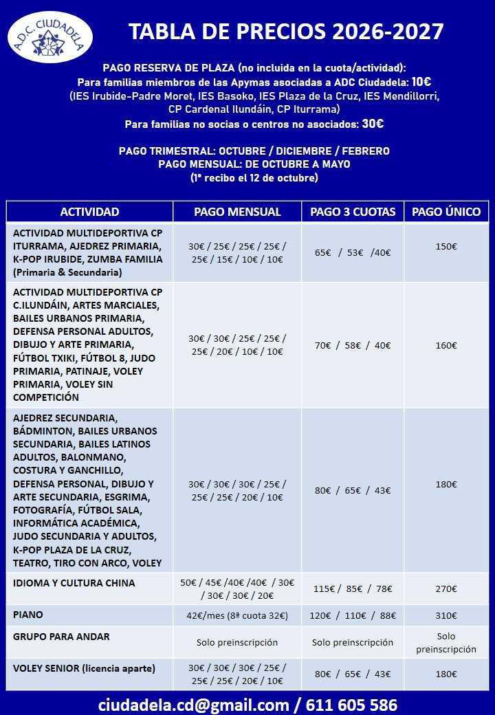 INSCRIPCIONES EXTRAESCOLARES 2026-2027 ADC CIUDADELA INSCRIPCIONES EXTRAESCOLARES 2026-2027 ADC CIUDADELA
