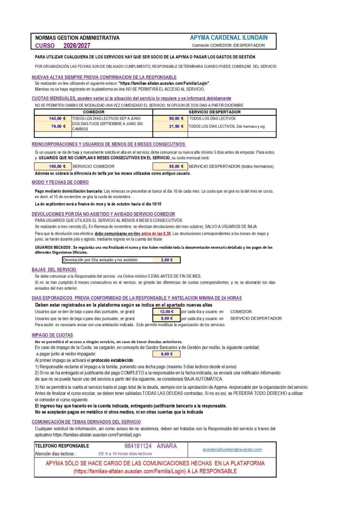 Información y normativa Comedor/Servicio despertador curso 2026-2027
