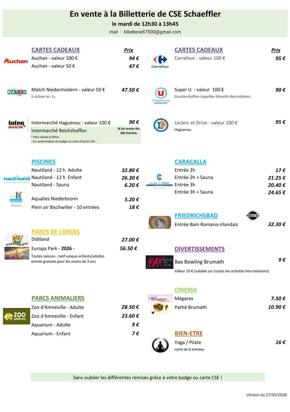 Infos, horaires et tarifs billetterie Infos, horaires et tarifs billetterie