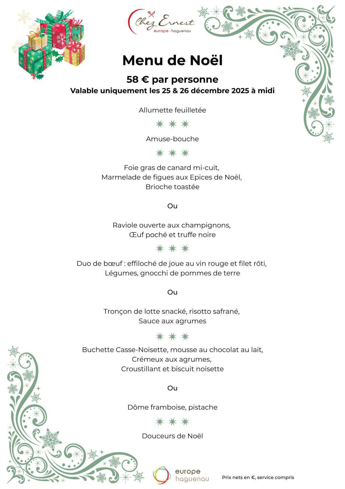 EUROPE HÔTEL - Menus de Noël EUROPE HÔTEL - Menus de Noël