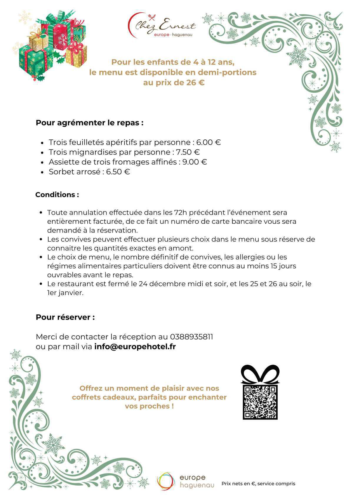 EUROPE HÔTEL - Menus de Noël EUROPE HÔTEL - Menus de Noël