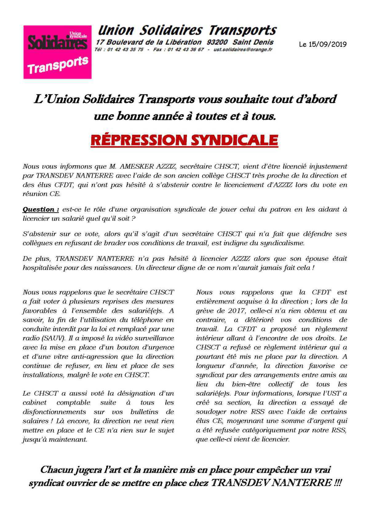 Répression Syndicale chez Transdev Nanterre