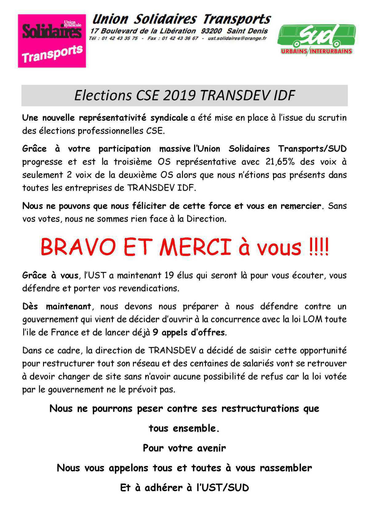 TRANSDEV IDF Remerciements pour vos votes