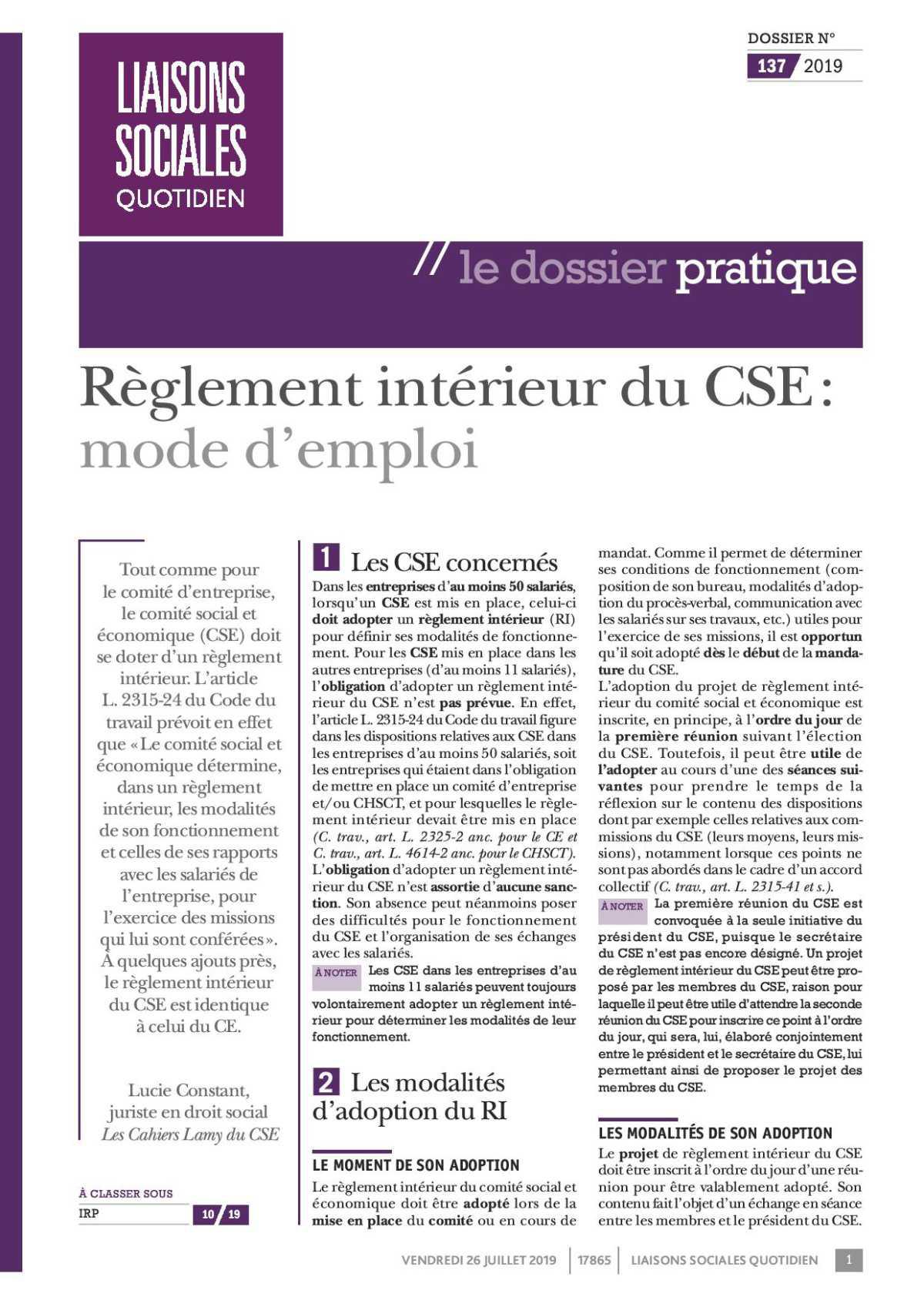 Règlement intérieur du CSE 