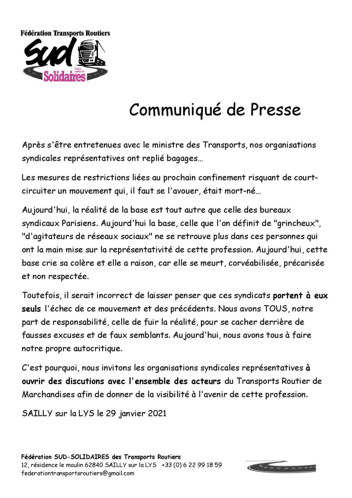 Com presse Fédération SUD transports Routiers 29 01 2020