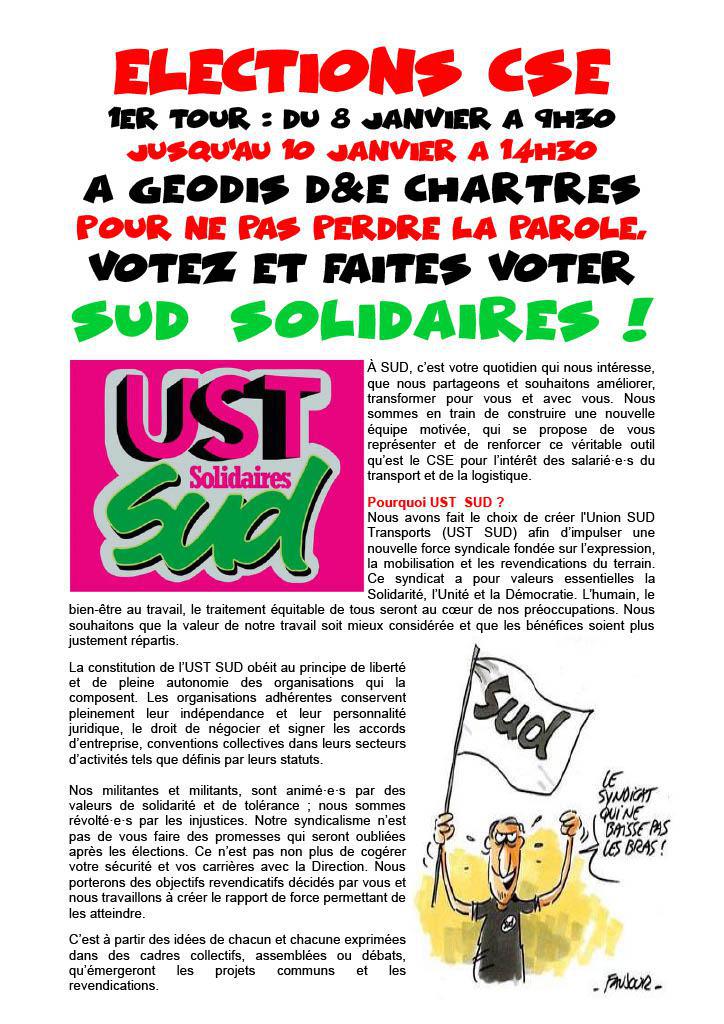 Elections CSE GEODIS D&E Chartres du 8 au 10 janvier 2024 : Votez UST SUD !