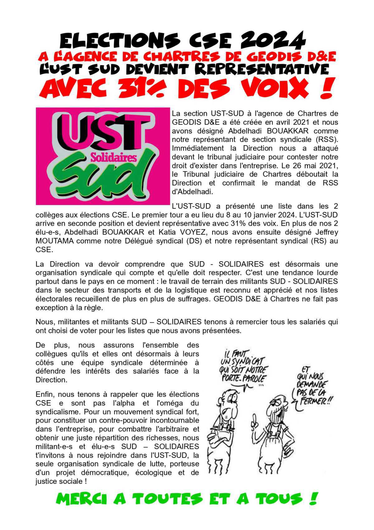 Elections à GEODIS D&E Chartres : l'UST devient représentative avec 31% des voix !