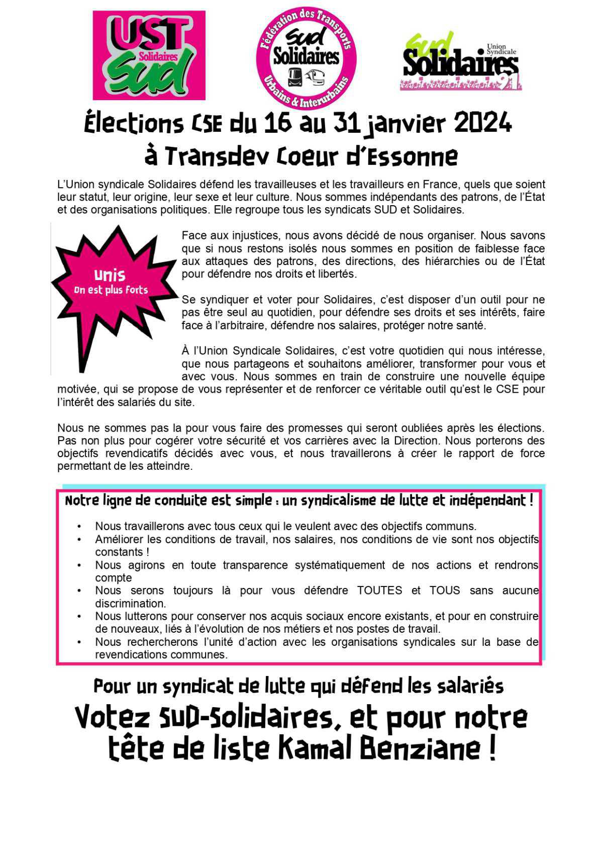 Unis on est plus forts ! Elections CSE du 16 au 31 janvier 2024 à Transdev Coeur d'Essonne